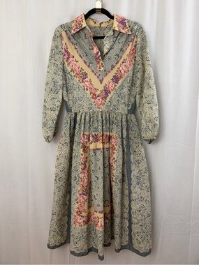 Vintage CIRETTE CALIFORNIA Floral Long Sleeve Midi Cottagecore Dress Womens Sz M
